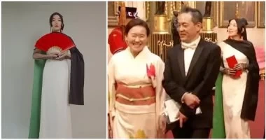 فنانة يابانية ترتدي فستانا مستوحى من علمي فلسطين والسودان فى قصر باكنجهام